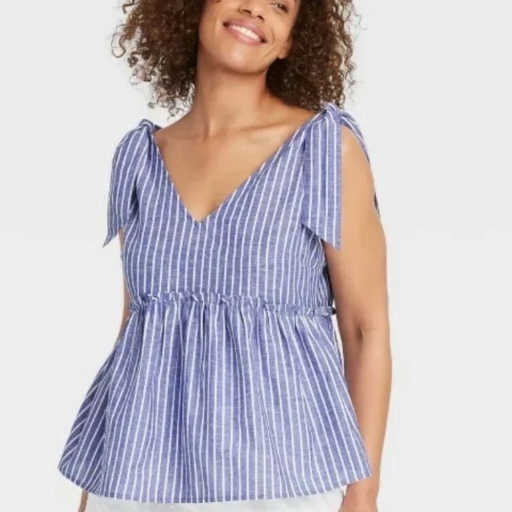 Who What Wear Blue and White Tie straps Peplum Tank Top